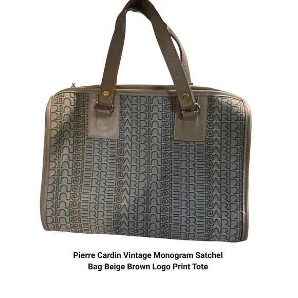 Pierre Cardin Vintage Monogram Satchel Bag Beige Brown Logo Print Tote - Picture 1 of 10